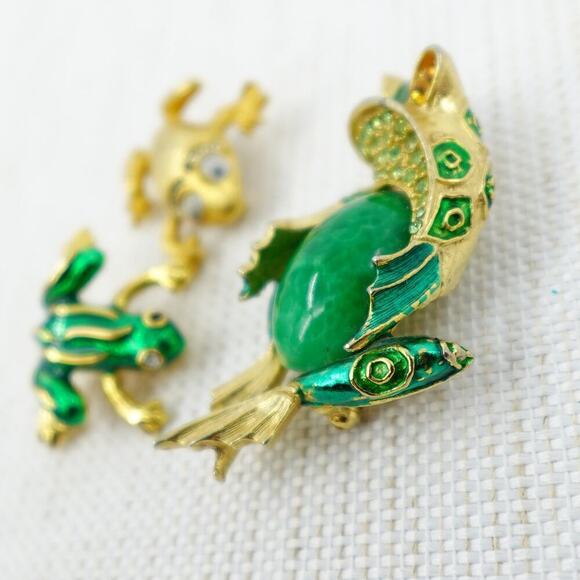 VTG Frog Brooch Green Gold-Tone Cabochon Jelly Belly Rhinestone Whimsical - Picture 9 of 15